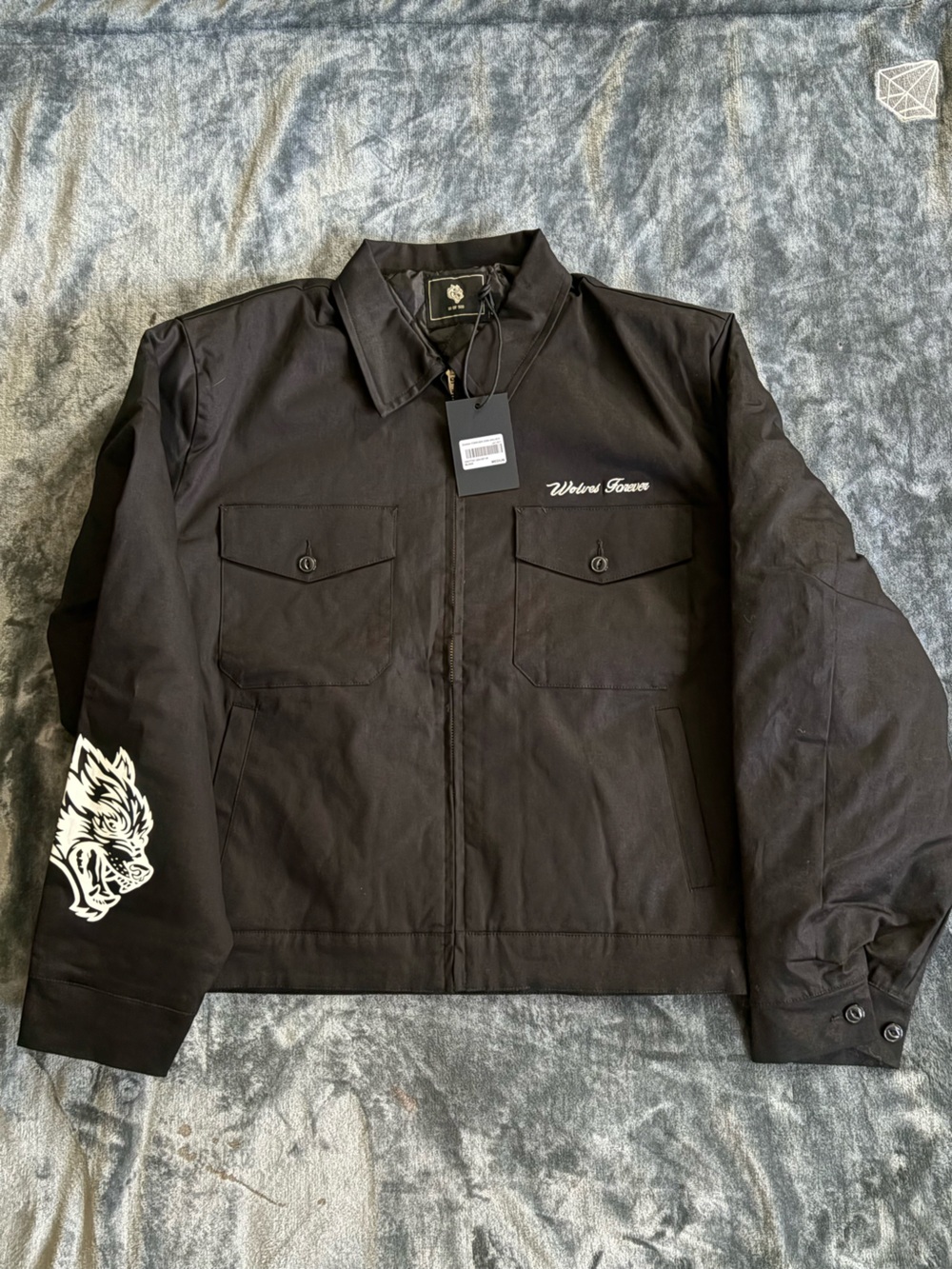 Darc Sport Black Dom Walker Work-Style Jacket with White Wolf Sleeve Graphic